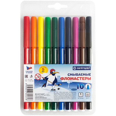 Фломастеры Centropen "Washable", 10цв., смываемые, блистер, 141793