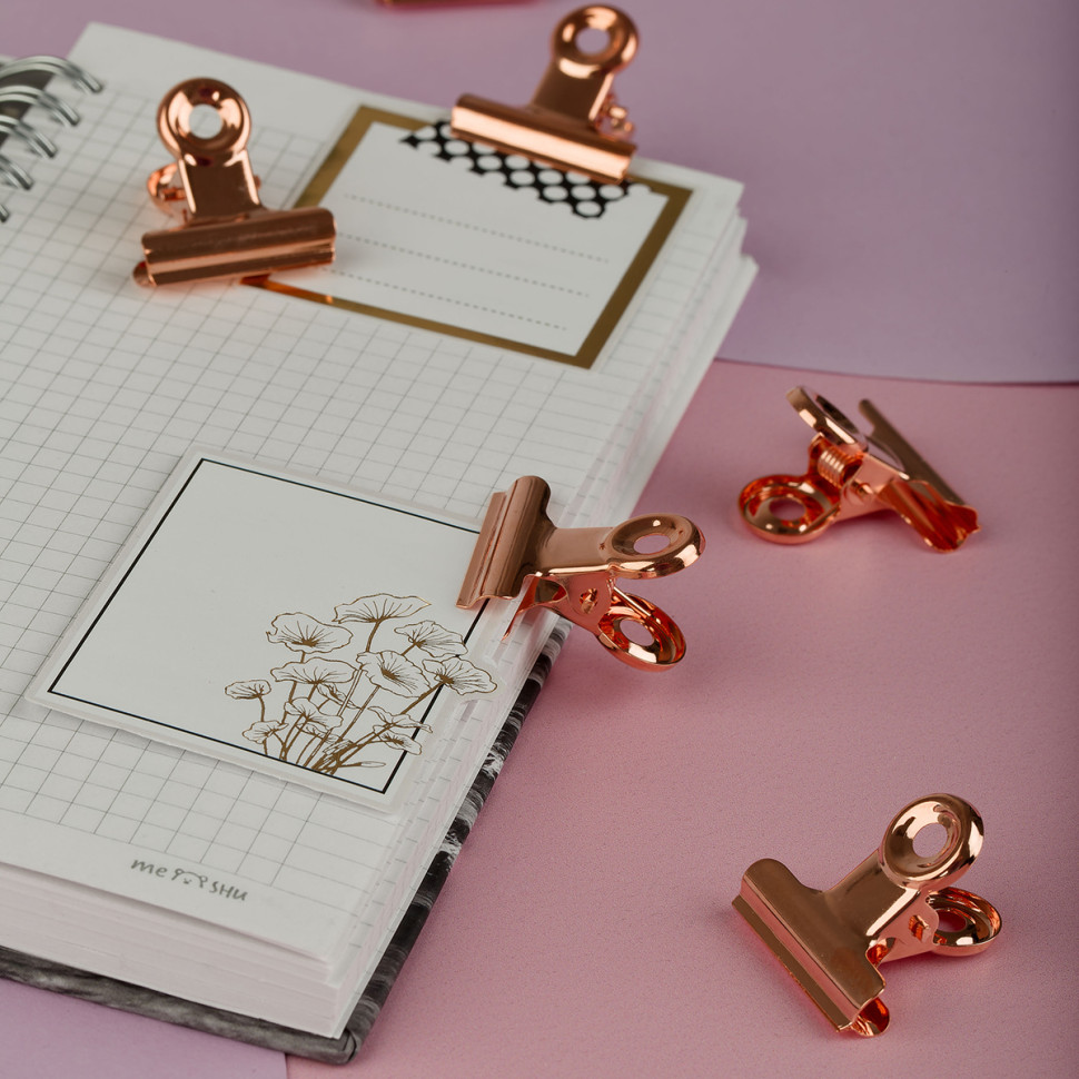 Зажимы-бульдоги для бумаг 25мм, MESHU "Rose Gold", 6шт., бокс с европодвесом, 328223