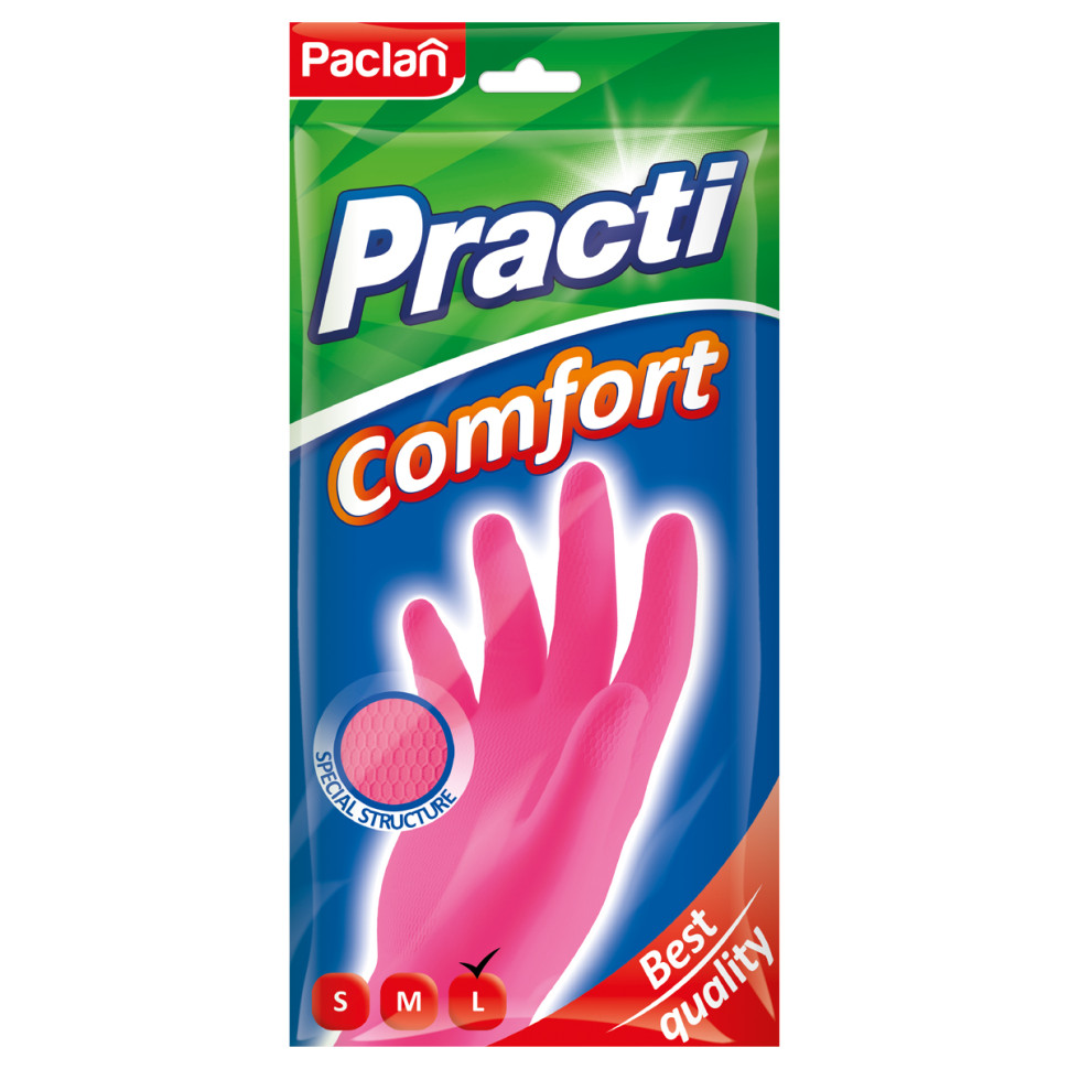 Перчатки резиновые хозяйственные Paclan "Practi. Comfort", разм. L, х/б напыление, розовые, пакет с европодвесом, 206847 Перчатки резиновые хозяйственные Paclan "Practi. Comfort", разм. L, х/б напыление, розовые, пакет с европодвесом, 206847