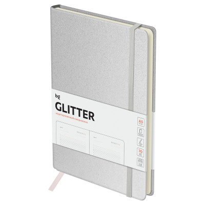 Ежедневник недатированный, А5, 136л., твердый переплет, диз. картон, BG "Glitter. White", белый, на резинке, карман, 369870