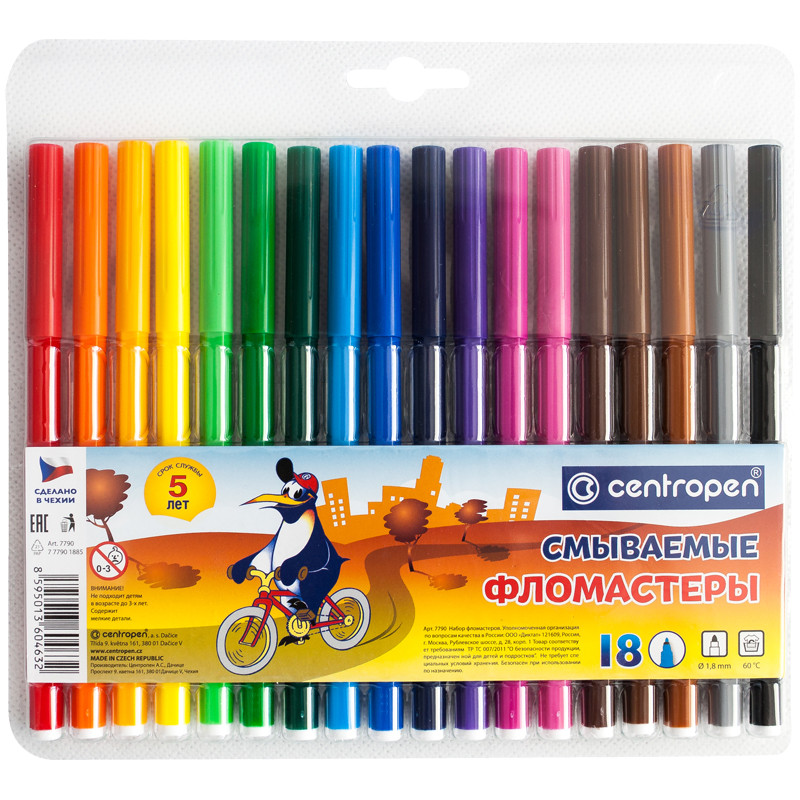 Фломастеры Centropen "Washable", 18цв., смываемые, блистер, 214289