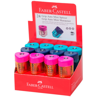 Точилка пластиковая со "шторкой" Faber-Castell "Grip Auto Mini" 1 отверстие, контейнер, розовая/бирюзовая/синяя, 306096