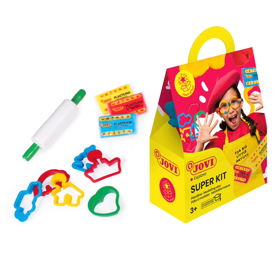 Пластилин JOVI "Super Kit", 03 цвета, 150г, растительный, 6 формочек, 1 скалка, картонная упаковка, 352372