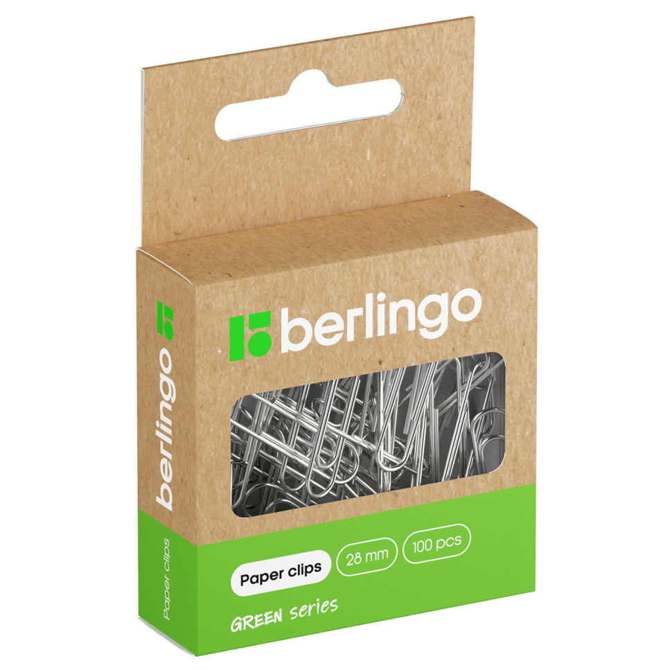 Скрепки 28мм, Berlingo "Green Series", 100шт., никелированные, крафт упак., европодвес, 338919