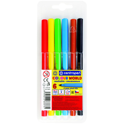 Фломастеры Centropen "Colour World", 06цв., трехгранные, смываемые, блистер, 214288