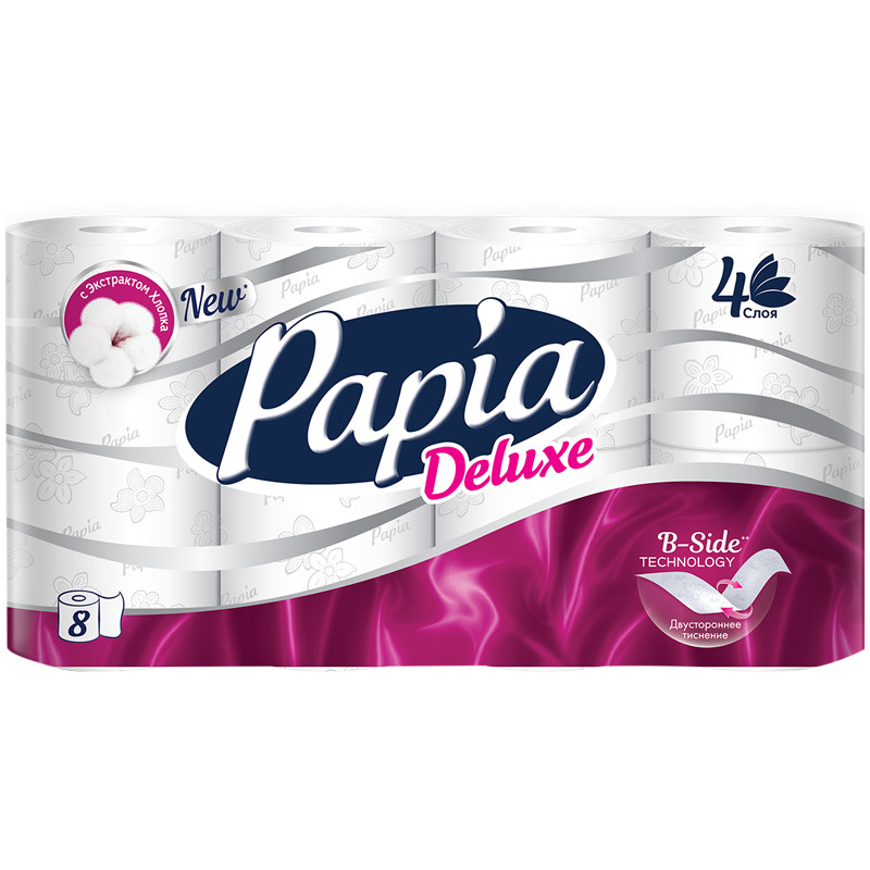 Бумага туалетная Papia "Deluxe", 4-слойная, 8шт., тиснение, белая, 260064