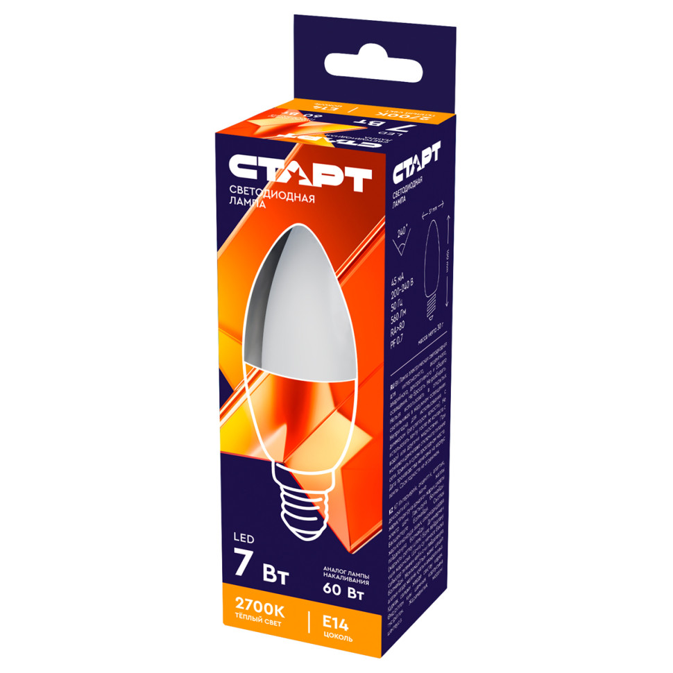 Лампа светодиодная Старт LED, серия "WS" 7W30, тип С "свеча", E14, 2700К, теплый свет, 25000ч, 385692