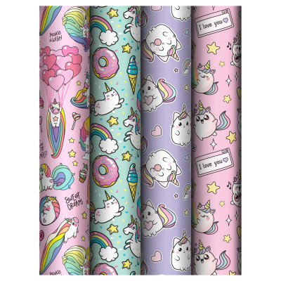 Упаковочная бумага глянц. 70*100см, MESHU "Unicorn", 80 г/м2, ассорти, 4 дизайна, 372616
