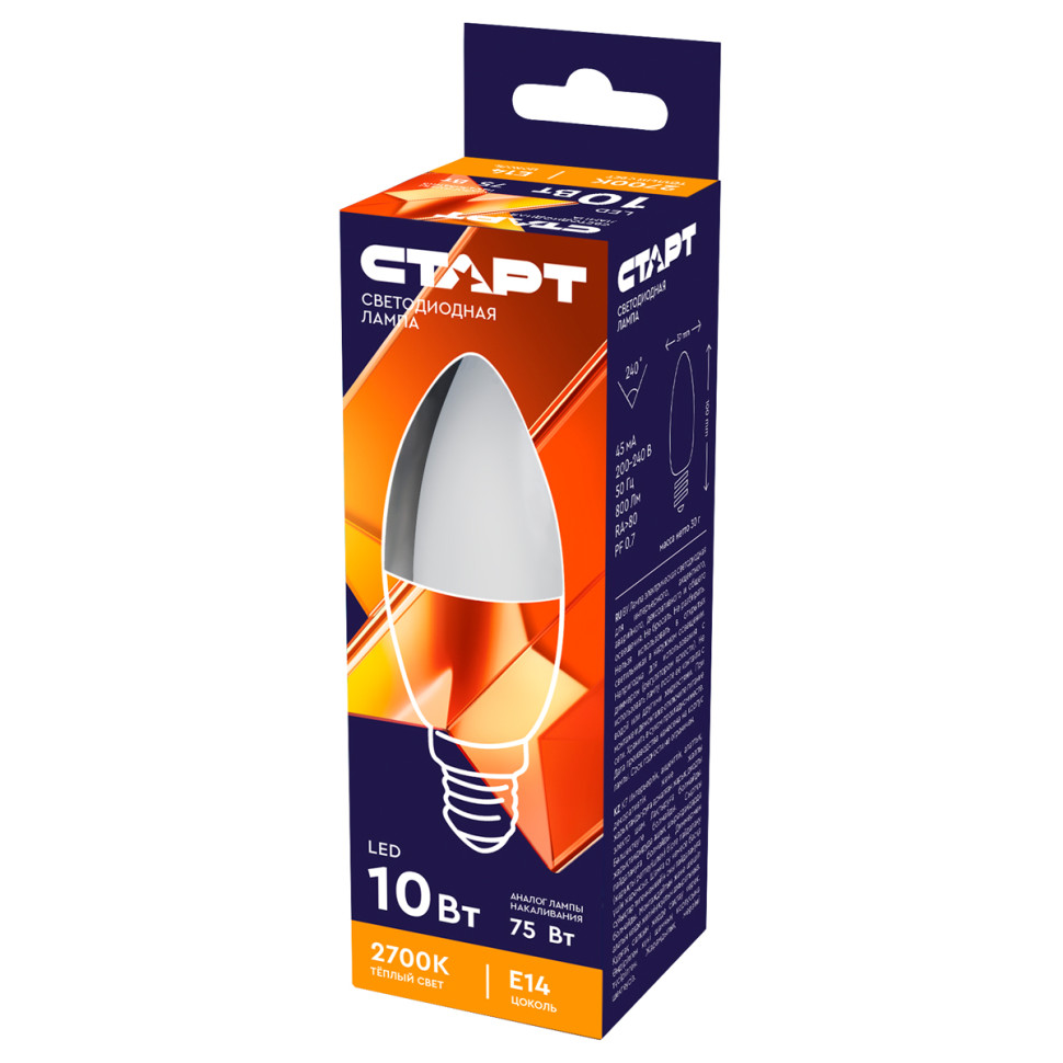 Лампа светодиодная Старт LED, серия "WS" 10W30, тип С "свеча", E14, 2700К, теплый свет, 25000ч, 385694