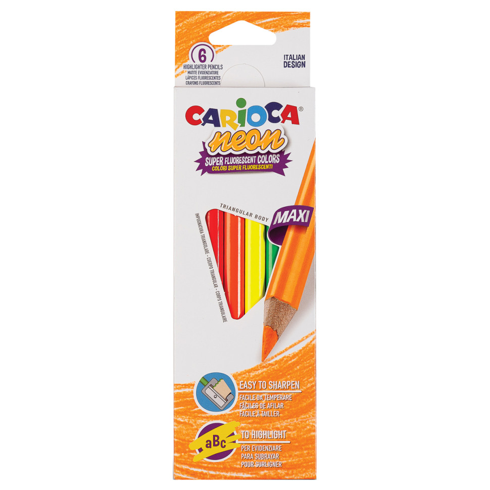 Карандаши цветные неоновые Carioca "Neon", 06цв., утолщенные, трехгран., заточен., картон, европодвес, 373273