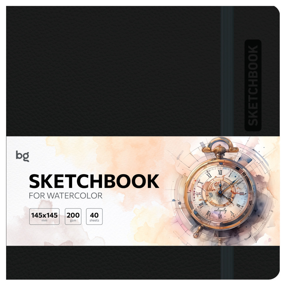 Скетчбук для акварели 40л., 145*145 BG "Bright. Black", кожзам, на резинке, 200г/м2, 371227