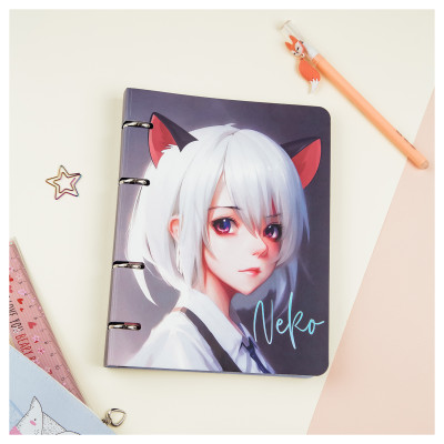 Тетрадь на кольцах А5, 100л., MESHU "Neko", картон, матовая ламинация, тиснение фольгой, 352214