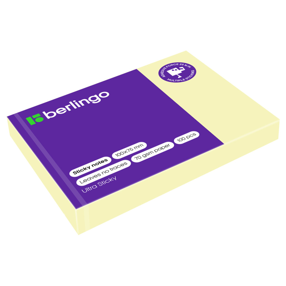 Самоклеящийся блок Berlingo "Ultra Sticky", 100*75мм, 100л., пастель, желтый, 270285