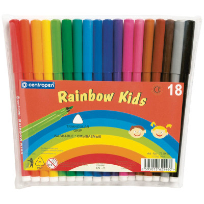 Фломастеры Centropen "Rainbow Kids", 18цв., трехгранные, смываемые, ПВХ, 214285