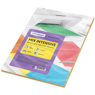 Бумага цветная OfficeSpace intensive mix А4, 80г/м2, 100л. (5 цветов), 245180