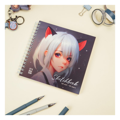 Скетчбук 60л., 150*150 MESHU "Neko", на гребне, выб. лак, soft-touch, 120г/м2, 357279