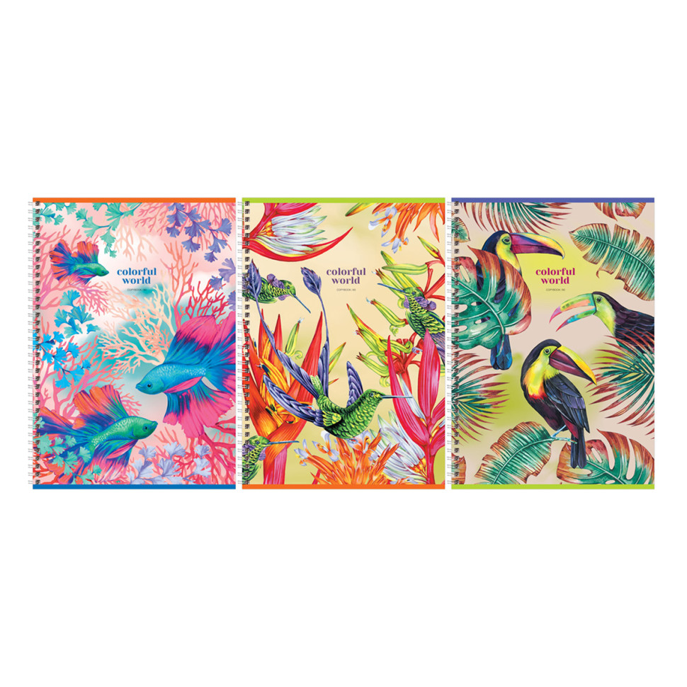 Тетрадь 80л., А4, клетка, на гребне BG "Colorful world", матовая ламинация, выб. лак, 6 штук, 346564
