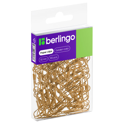 Скрепки 32мм, Berlingo, 100шт.,  ПВХ упак., европодвес, золото, 372882