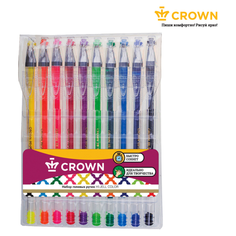 Набор гелевых ручек Crown "Hi-Jell Color" 10шт., 10цв., ПВХ уп., европодвес, 001991
