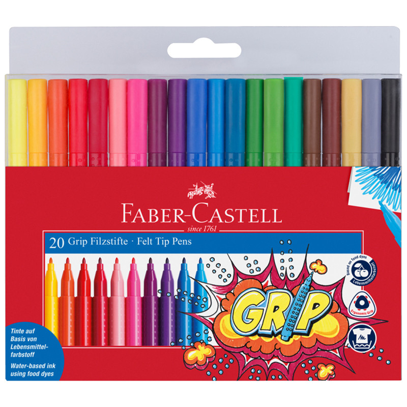 Фломастеры Faber-Castell "Grip", 20цв., трехгранные, смываемые, пластик. уп., европодвес, 286203
