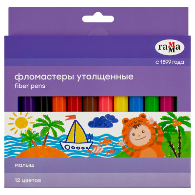 Фломастеры Гамма "Малыш", 12цв., утолщенные, смываемые, картон. упак., европодвес, 356546