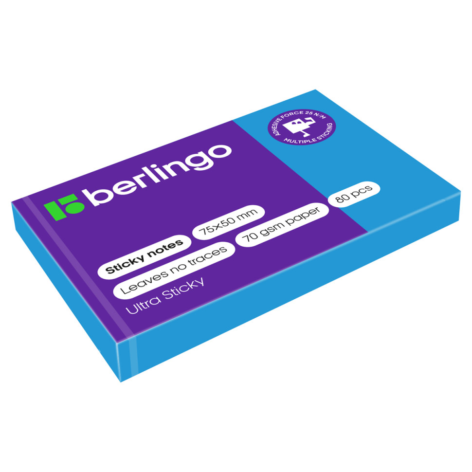 Самоклеящийся блок Berlingo "Ultra Sticky", 50*75мм, 80л., синий неон, 12 штук, 287181