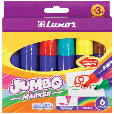 Фломастеры Luxor "Jumbo", 06цв., утолщенные, смываемые, картон, европодвес, 233892