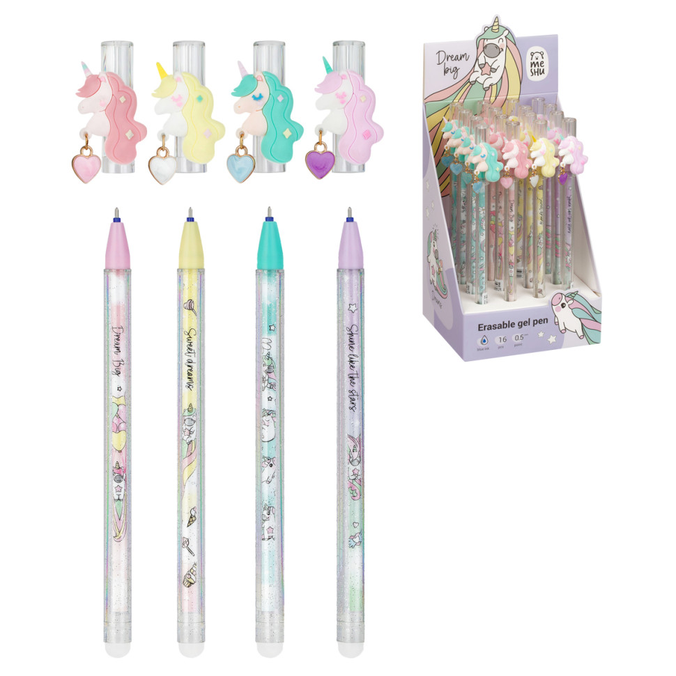 Ручка гелевая стираемая MESHU "Lovely unicorn" синяя, 0,5мм, корпус ассорти, с топпером, 16 штук, 362461