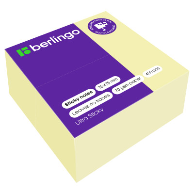 Самоклеящийся блок Berlingo "Ultra Sticky", 75*75мм, 400л., пастель, желтый, 270287