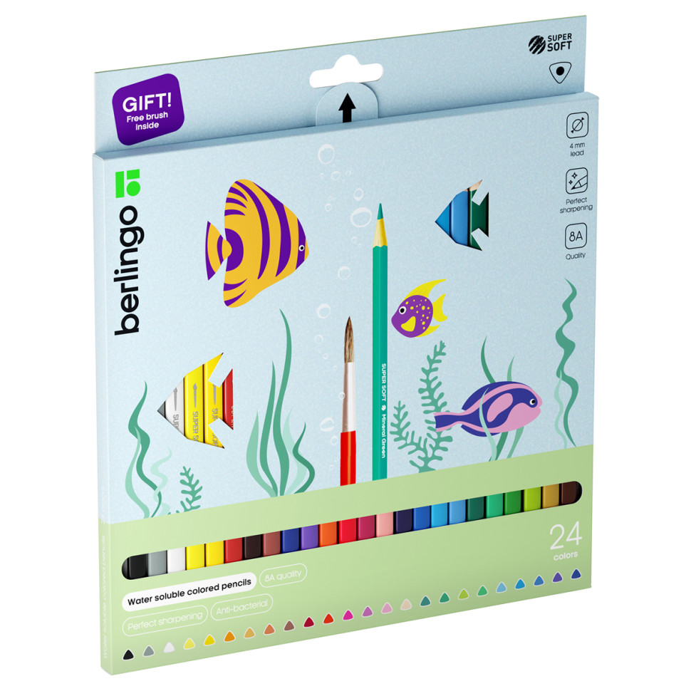 Карандаши акварельные Berlingo "SuperSoft. Рыбки", 24цв.+кисть, трехгран., заточен., картон, европодвес, 297244