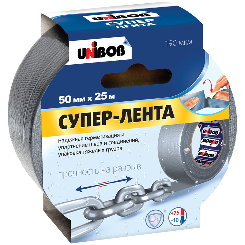Клейкая СУПЕР-лента армированная Unibob, 50мм*25м, серая, инд. упаковка, 271458