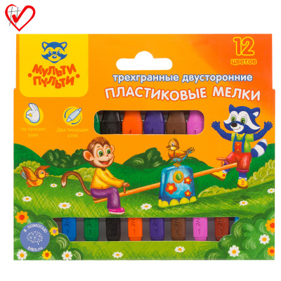 Мелки пластиковые двусторон. Мульти-Пульти "Приключения Енота", 12цв., трехгранные, картон, 272653