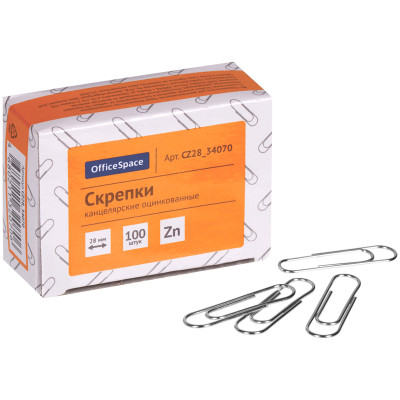 Скрепки 28мм, OfficeSpace, 100шт., оцинкованные, карт. упаковка, 30 штук, 306918