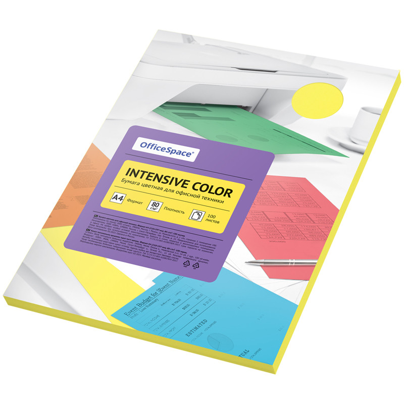 Бумага цветная OfficeSpace "Intensive Color", А4, 80г/м2, 100л., (желтый), 315724