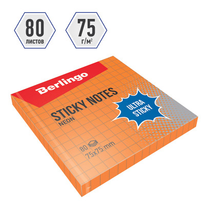 Самоклеящийся блок Berlingo "Ultra Sticky", 75*75мм, 80л., в клетку, оранжевый неон, 287191