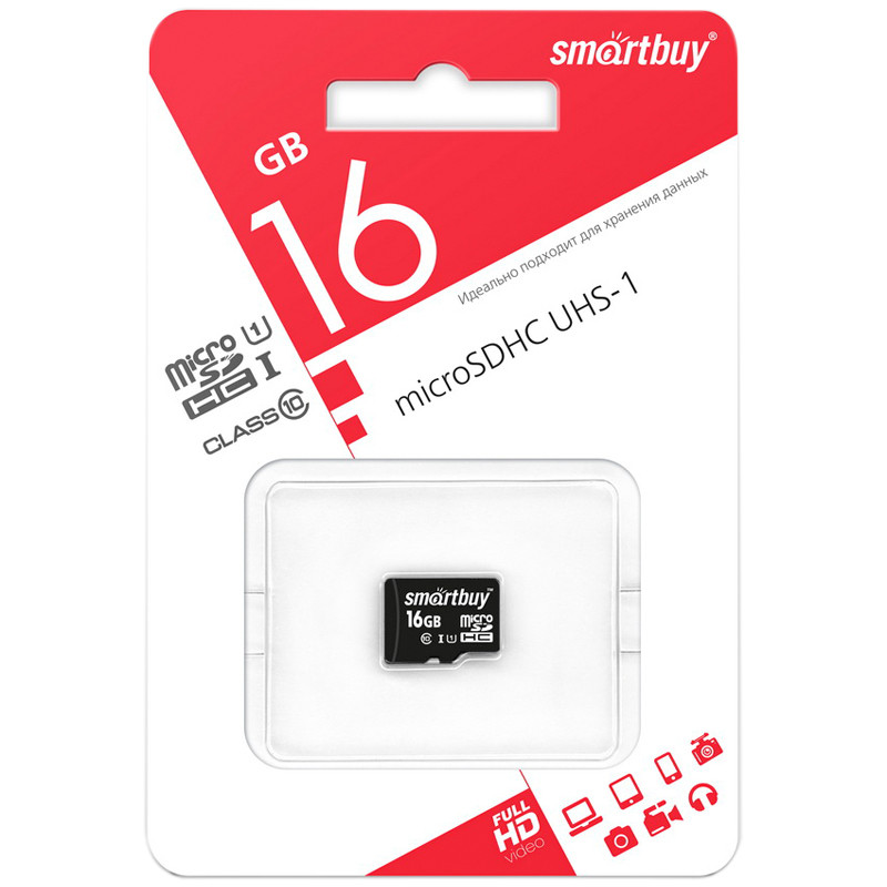 Карта памяти SmartBuy MicroSDHC 16GB UHS-1, Class 10, скорость чтения 30Мб/сек, 239023