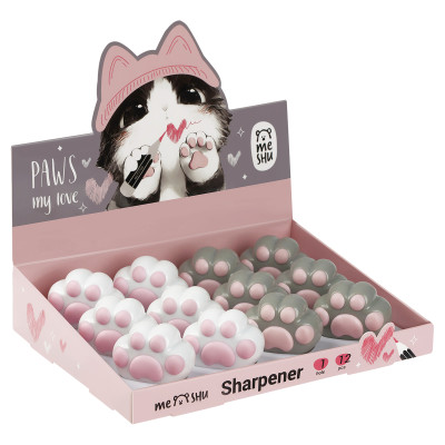 Точилка пластиковая MESHU "Little Paw", 1 отверстие, дисплей бокс, ассорти, 12 штук,  380536