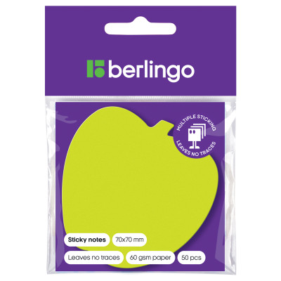 Самоклеящийся блок фигурный Berlingo "Яблоко", 70*70мм, 50л., зеленый неон, европодвес, 205661