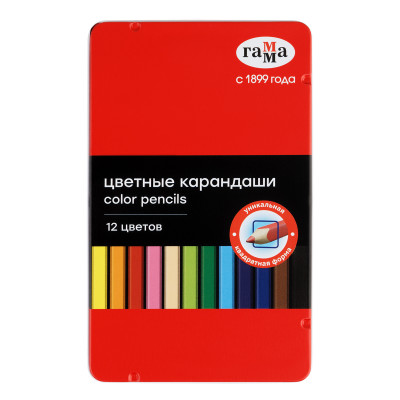 Карандаши цветные Гамма, 12цв., квадратные, заточен., метал. пенал, 347820