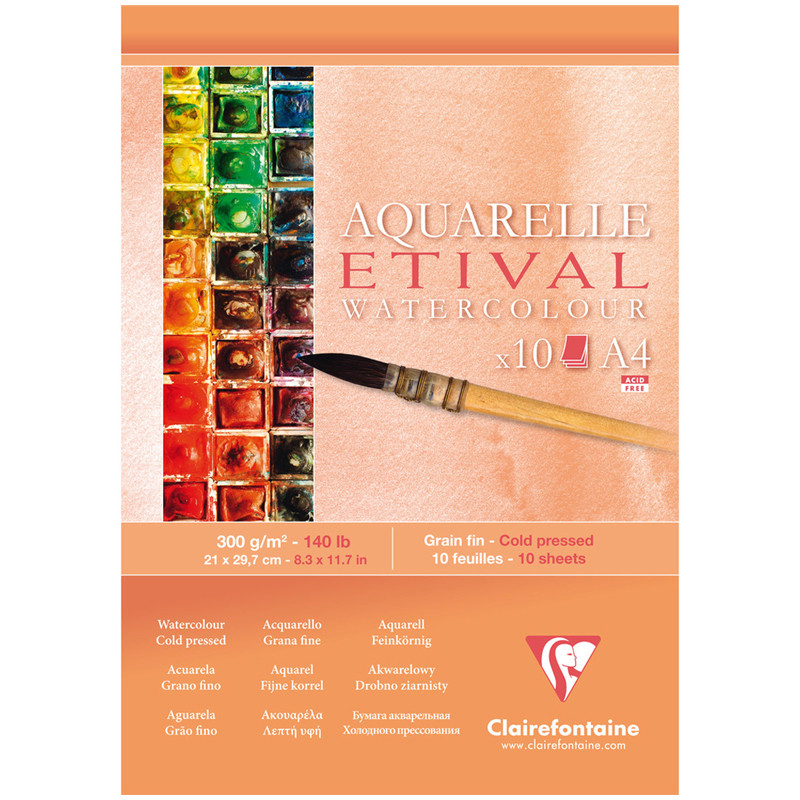 Альбом для акварели, 10л., А4, на склейке Clairefontaine "Etival", 300г/м2, холодное прессование, 304059