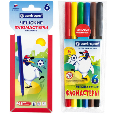 Фломастеры Centropen "Пингвины", 06цв., смываемые, картон. упак. с европодвесом/ПВХ, 062724