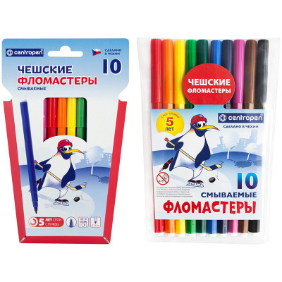 Фломастеры Centropen "Пингвины", 10цв., смываемые, картон. упак. с европодвесом/ПВХ, 002716