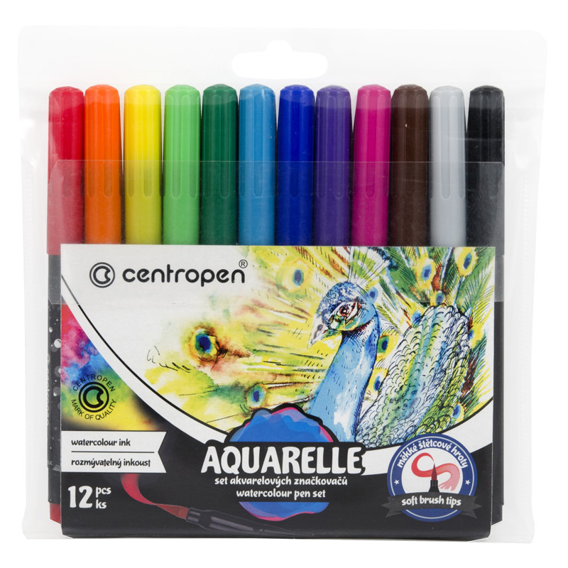 Набор акварельных маркеров Centropen "Aquarelle 8683" 12цв., кистевые, 1-9мм, европодвес, 281536