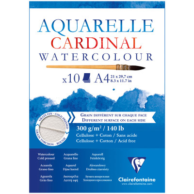 Альбом для акварели, 10л., А4, на склейке Clairefontaine "Cardinal", 300г/м2, торшон, холод. пресс., 30% хлопок, 304066