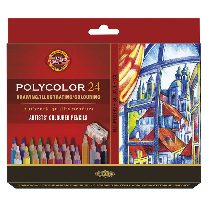Карандаши цветные художественные Koh-I-Noor "Polycolor 3834", 24цв., заточен.+ точилка+2 ч/гр. кар. 1500, картон, европодвес, 327287