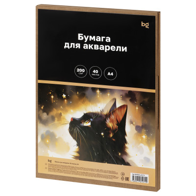 Бумага для акварели 40л. А4, BG "Акварельный кот", среднее зерно, 200 г/м2, в КОРОБЕ, 373588
