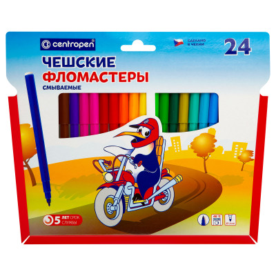 Фломастеры Centropen "Пингвины", 24цв., смываемые, картон, европодвес, 002734