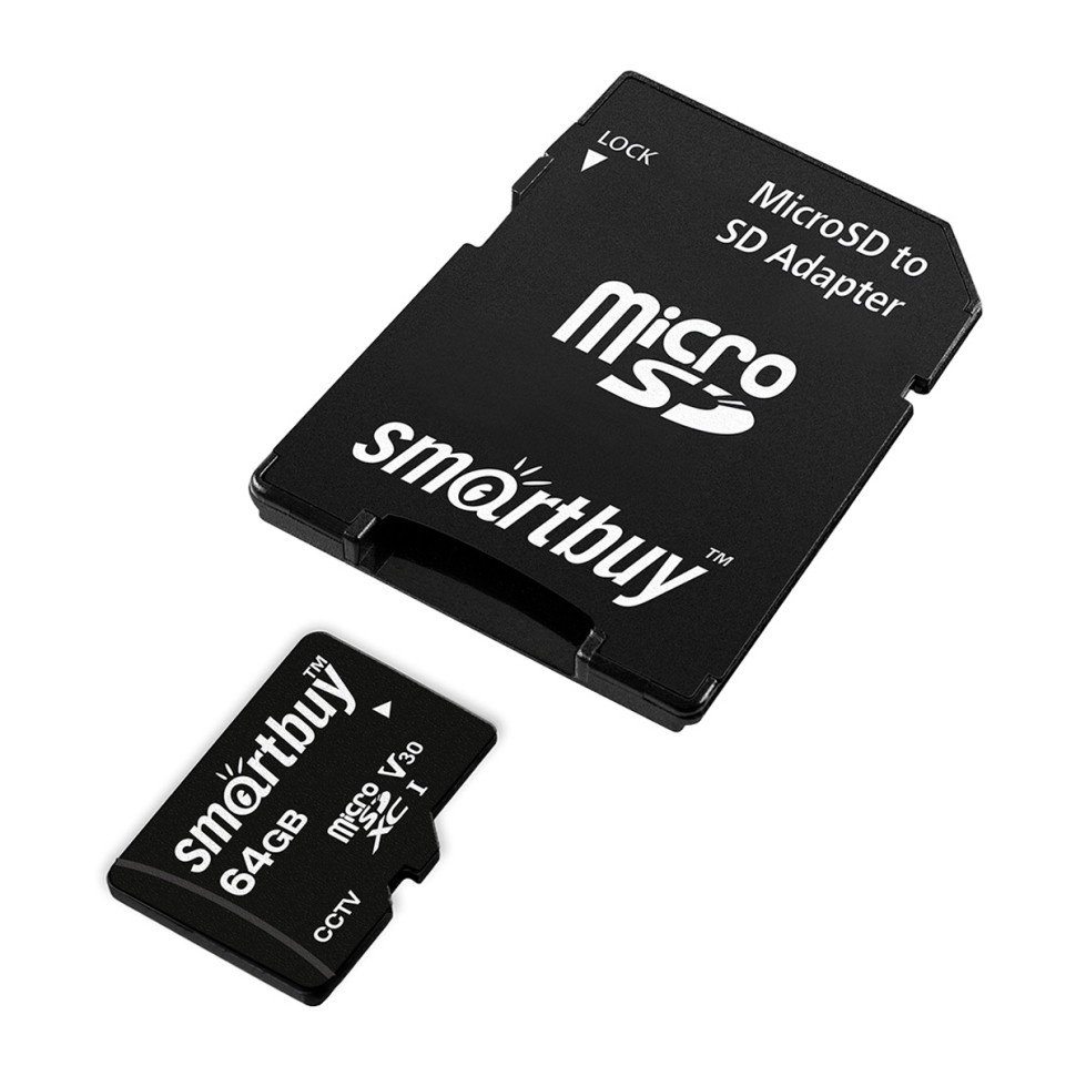 Карта памяти SmartBuy MicroSDXC 64GB UHS-1, Class 10, скорость чтения 95Мб/сек, для видеонаблюдения (с адаптером SD), 384278