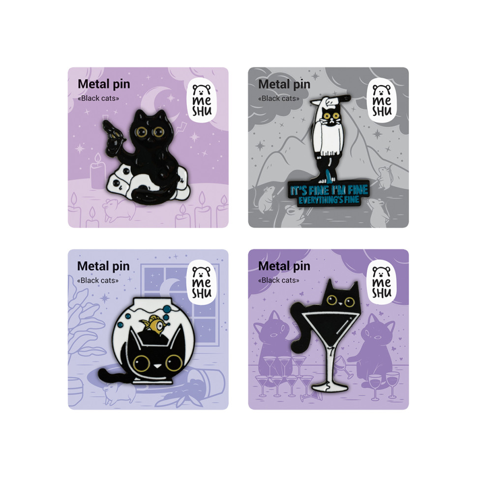 Набор металлических значков MESHU "Black cats", эмаль, 4шт, картонная подложка, европодвес, 368830