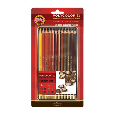 Карандаши цветные художественные Koh-I-Noor "Polycolor Brown Line", 12цв., заточен., металл. пенал, блистер, 327286